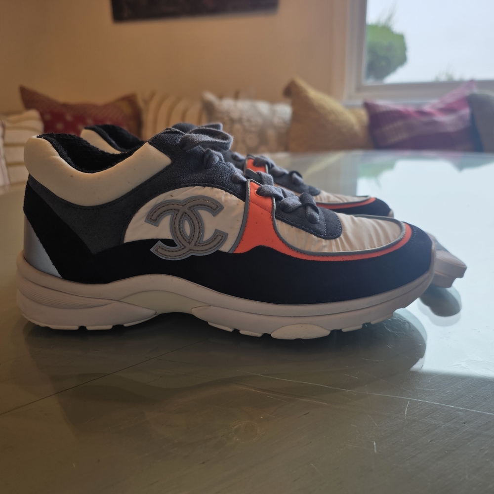 CHANEL Athletic Shoes Suede CC Blue & White